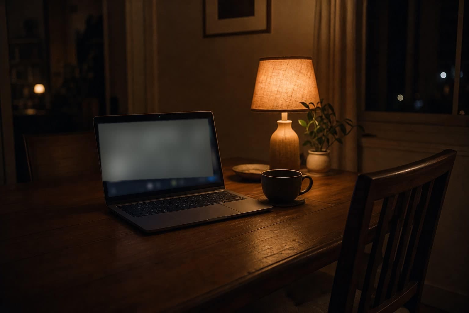 Computer portatile acceso di sera accanto a una lampada