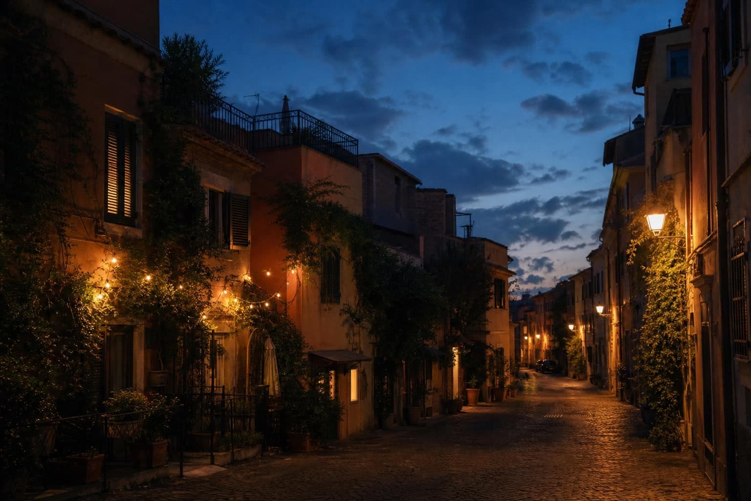 Via del Pigneto di sera, case basse e luci accese