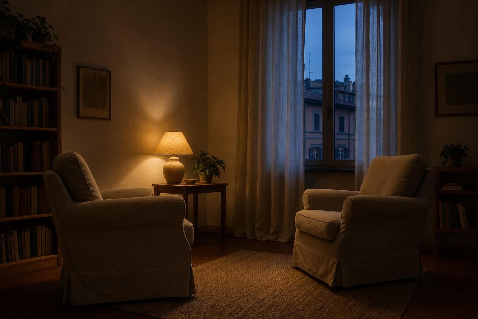 Studio di psicoterapia al crepuscolo, due poltrone e una lampada accesa