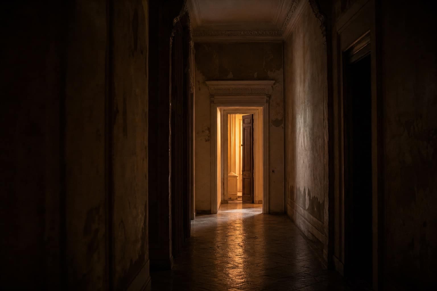 Corridoio in penombra con una luce accesa in fondo