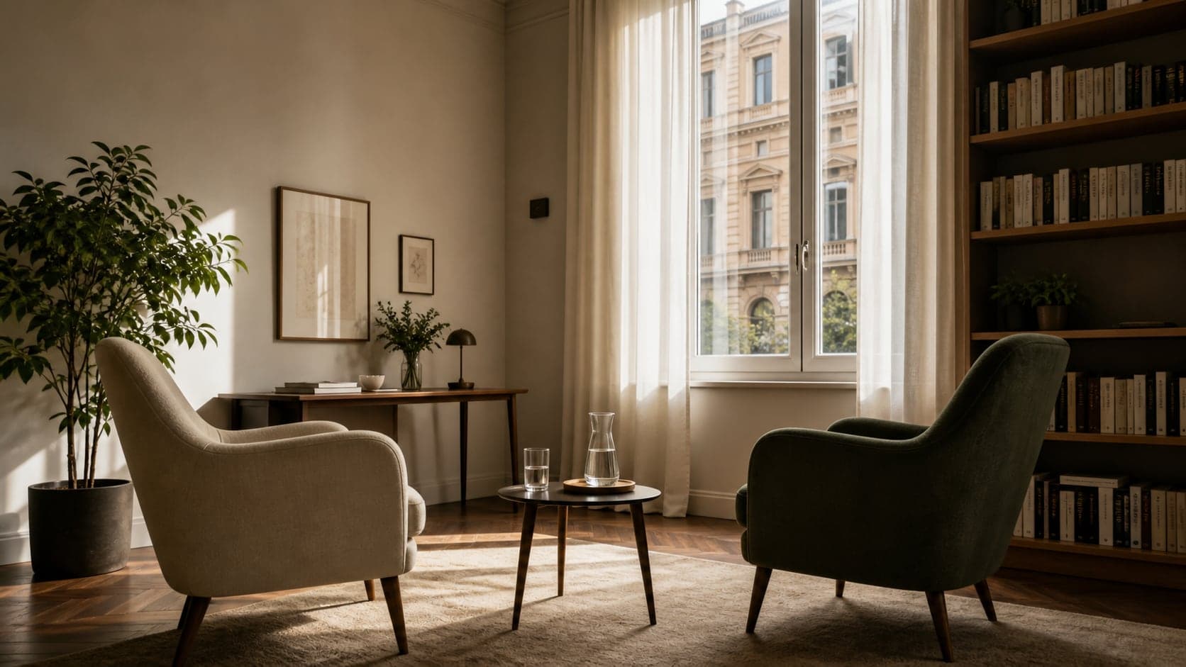 Studio di psicoterapia a Roma con due poltrone, libreria e luce naturale