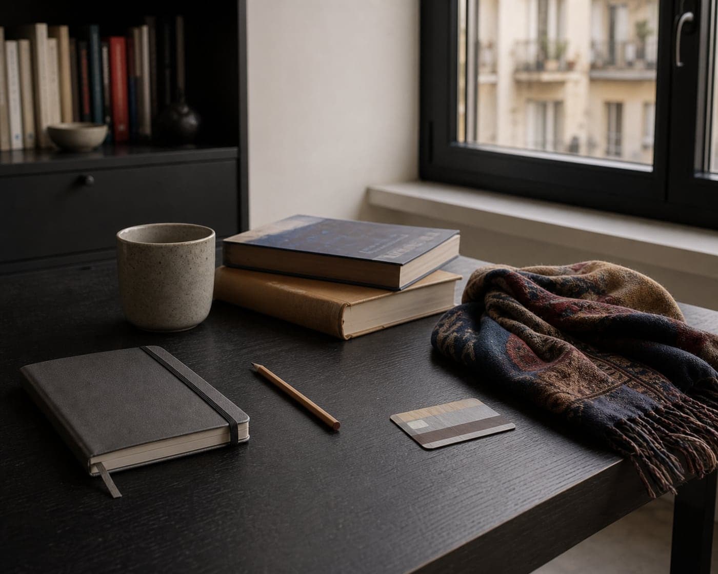 Libri, tazza, tessuto e piccoli oggetti personali su un tavolo vicino alla finestra