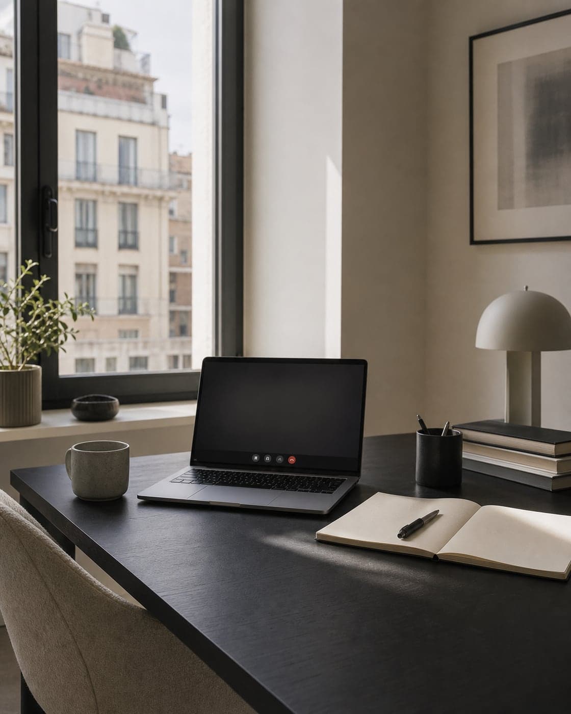 Una postazione per i colloqui online con portatile, quaderno e luce dalla finestra