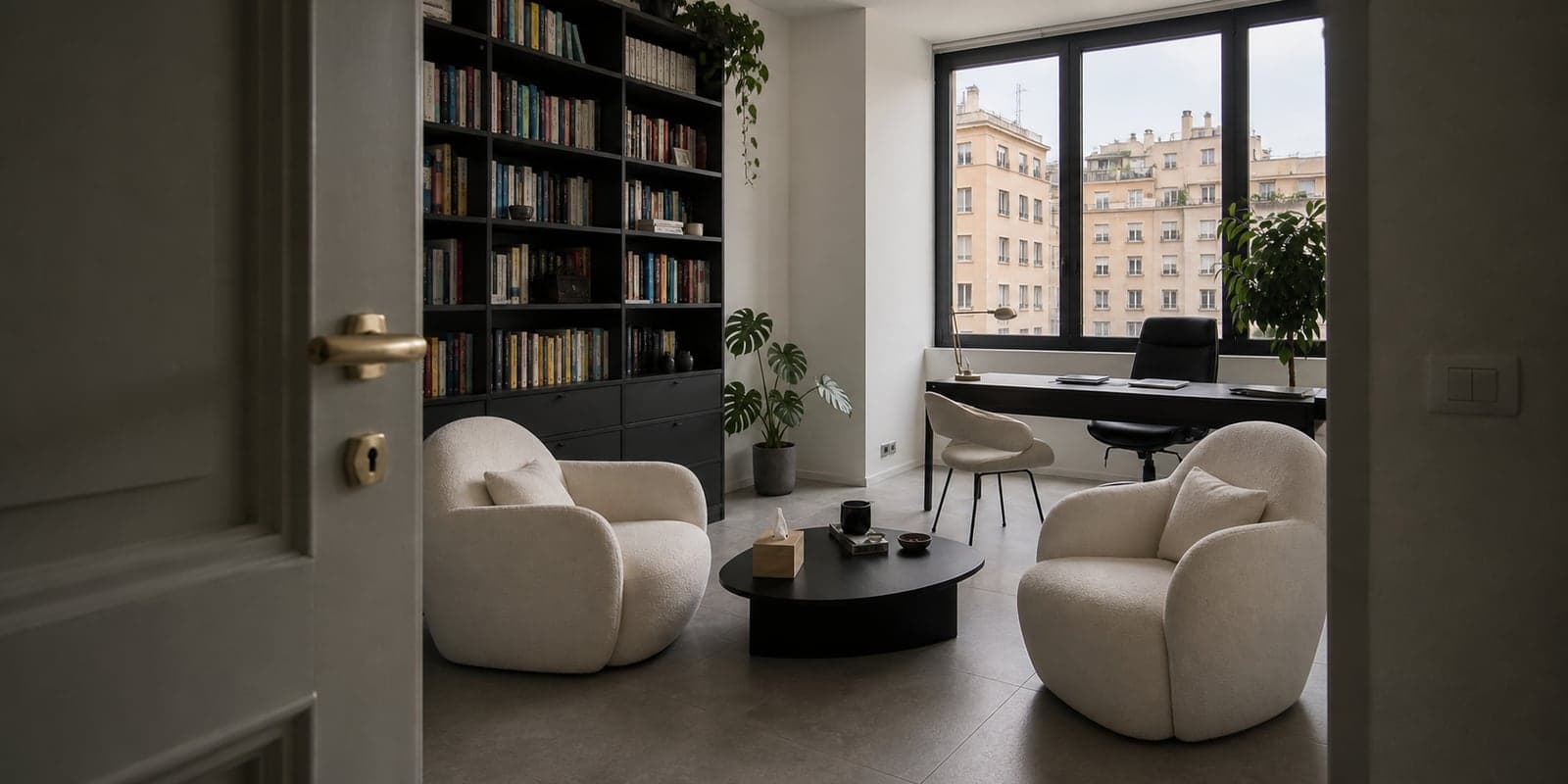 Ingresso dello studio con le poltrone, il tavolino e la libreria in luce naturale