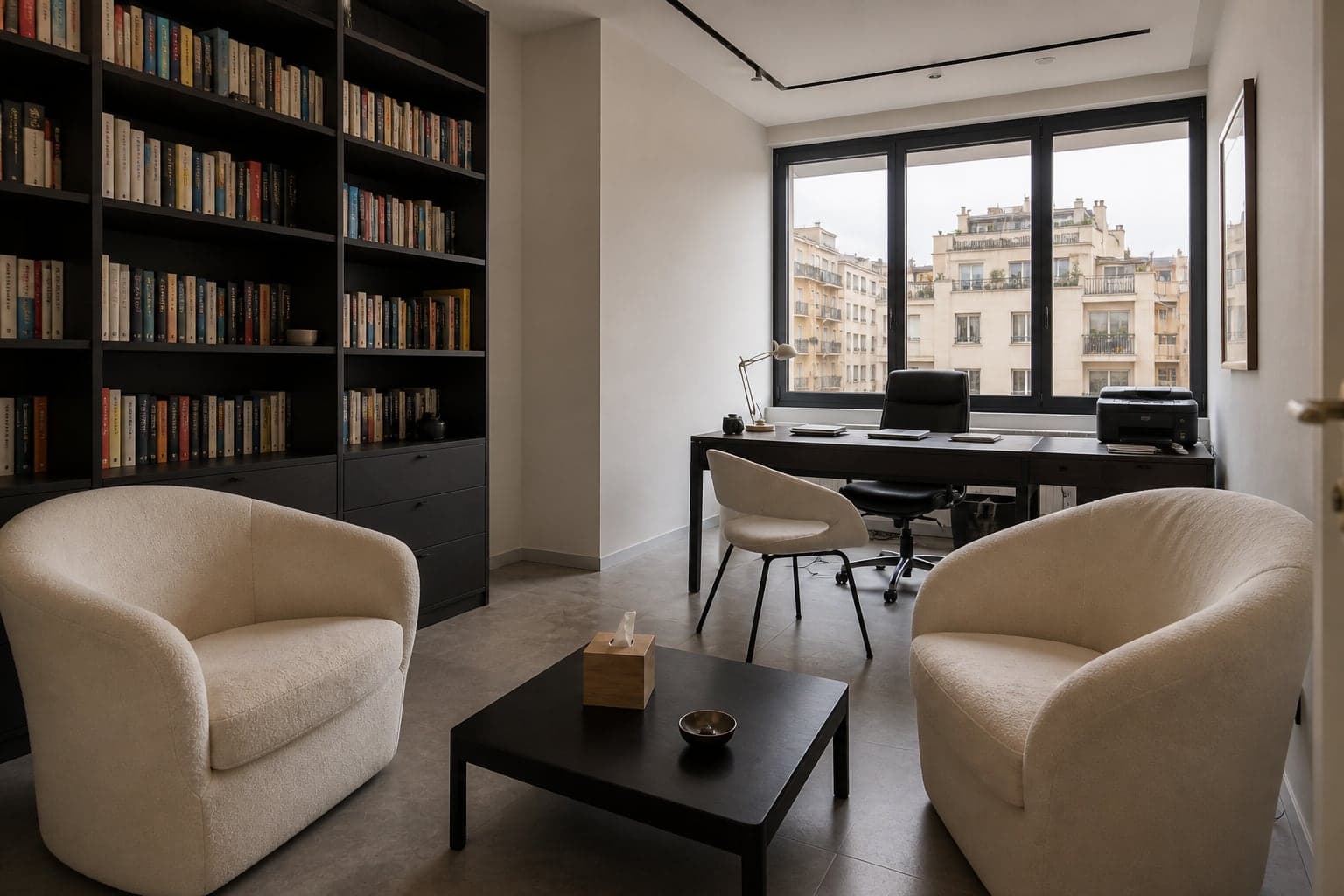Lo studio con poltrone bianche, tavolino nero, libreria e grandi finestre sulla città