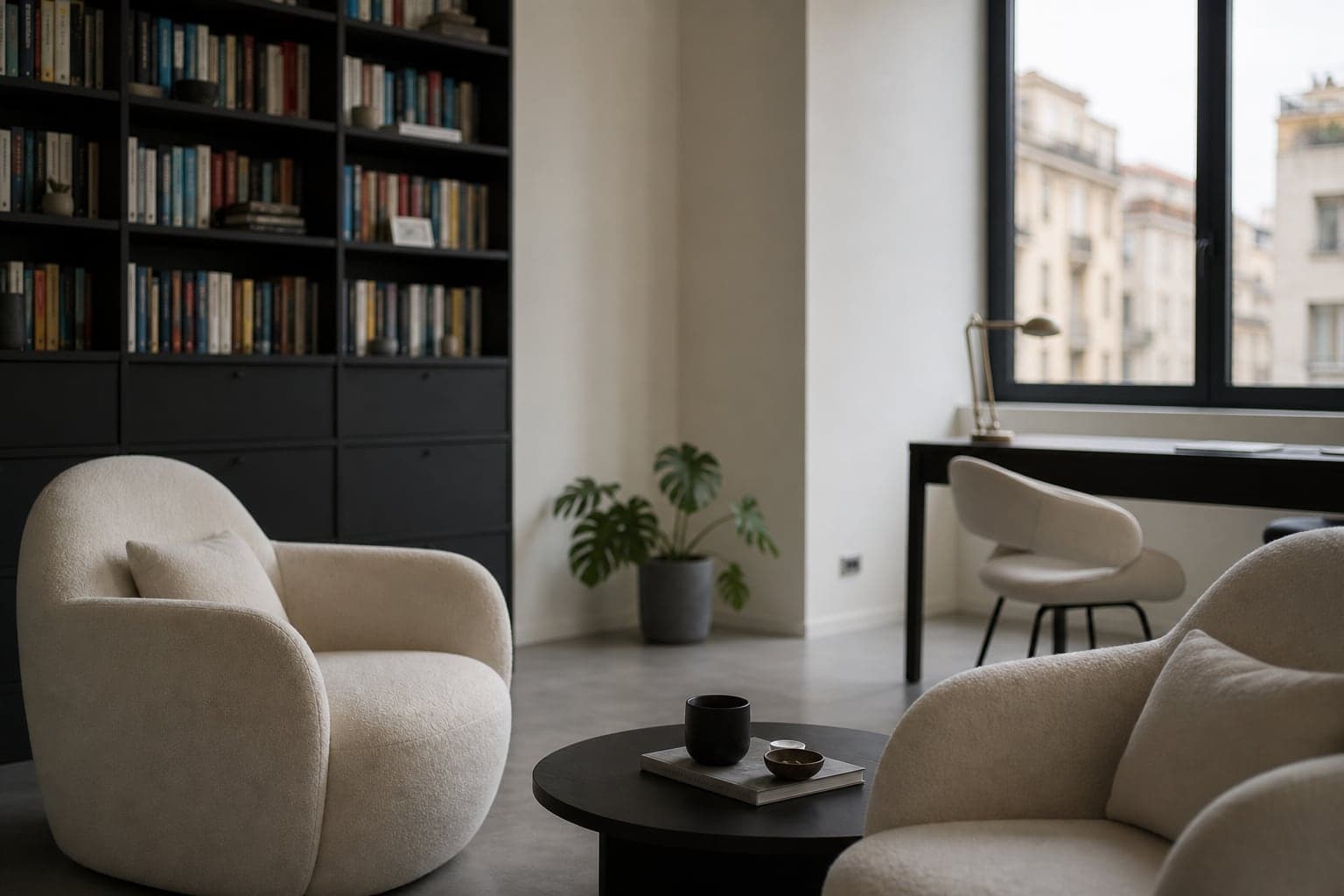 Uno scorcio morbido dello studio con libreria, poltrone e luce dalla finestra